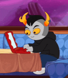 a cartoon character is sitting at a table using a red laptop