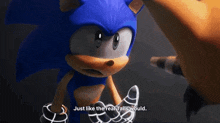 sonic the hedgehog is talking to a fox and saying `` just like the real tails would '' .