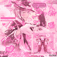 a picture of a man in a pink suit and top hat with hearts around him