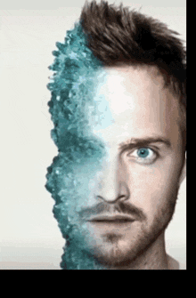 a close up of a man 's face with a half of his face covered in blue crystals