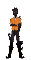 a cartoon drawing of a man in an orange shirt with a watch on his wrist