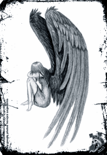 a black and white drawing of a woman with angel wings and the year 2022