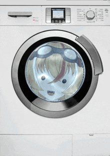 a washing machine has a picture of a girl in the door