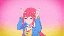 a girl with red hair and a blue jacket has her hands on her head