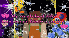 a picture of cartoon characters with the words " my wretched life has never known peace " on it