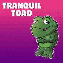 a frog is standing in front of a pink and purple background that says tranquil toad