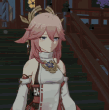 a girl with pink hair and white gloves is standing in front of stairs