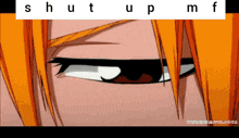 a close up of a person 's eyes with the words shut up pmf above