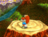 a cartoon squirrel is standing on a tree stump in a video game