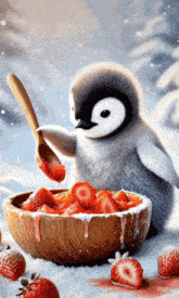 a penguin is eating strawberries from a wooden bowl