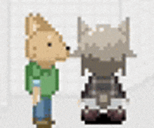 a pixel art of a man and a dog standing next to each other on a white background .