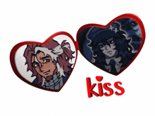 a couple of hearts with the word kiss in red