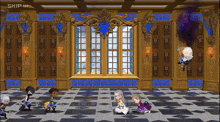 a group of cartoon characters are standing in a room with a large window and a sign that says skip