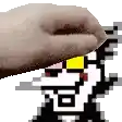 a pixel art of a person 's hand touching a pixel art of a person .