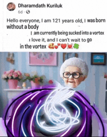an elderly woman is being sucked into a vortex in a facebook post