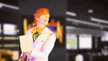a statue of a man in a white suit and bow tie is holding a piece of paper
