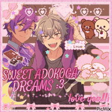 a picture of two anime characters says sweet adokoga dreams