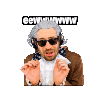 a man in a suit and scarf is sitting in a chair with the word eww above him