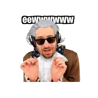 a man in a suit and scarf is sitting in a chair with the word eww above him