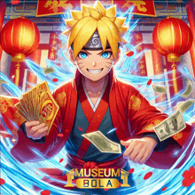 a poster for museum bola shows a boy holding a fan and money