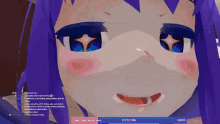 a close up of a girl 's face with a purple hair