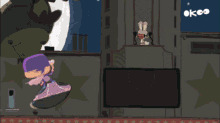 a cartoon character with a purple cape and scarf on