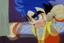 a cartoon character with blue hair and black eyebrows is making a funny face