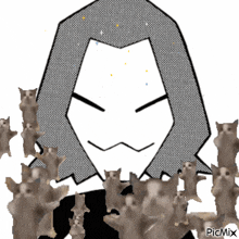 a black and white drawing of a man with a bunch of cats behind him