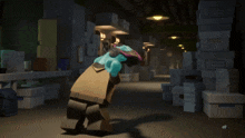 a cartoon character is standing in a hallway with boxes and a sign that says stash
