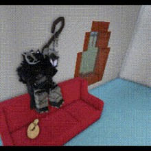 a person standing on a red couch in a room