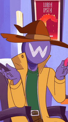 a cartoon character wearing a wizard hat and a yellow coat is sitting in front of a sign that says lorem ipsum