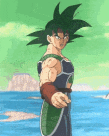 a cartoon character from dragon ball z is standing in front of the ocean .