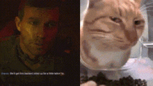 a man and a cat are looking at each other in a pixelated image .
