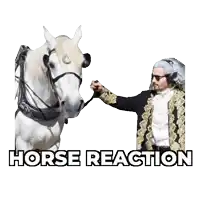 a man in a suit is standing next to a horse with the words horse reaction below it