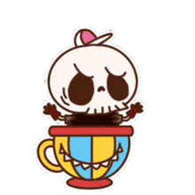 a cartoon drawing of a skull and a bunny sitting on top of two cups