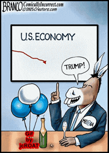 a cartoon shows a donkey pointing at a graph that says u.s. economy
