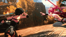 a screenshot of a video game shows two girls fighting with swords