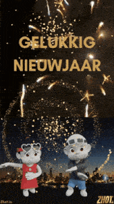 two cartoon characters are dancing in front of a fireworks display that says " gelukkig nieuwjaar "