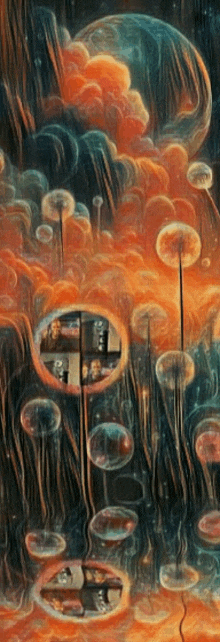 a painting of dandelions in a field with bubbles