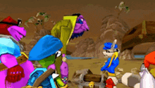 a group of cartoon characters are standing next to each other .