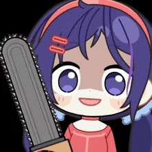 a girl with purple hair is holding a chainsaw and smiling
