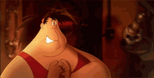 a cartoon character with a red tank top and earrings on his ears