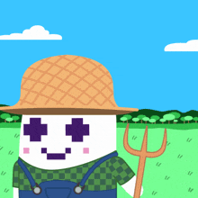a cartoon of a marshmallow wearing overalls and a hat holding a pitchfork