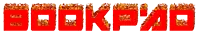 the word bookpad is written in red with fire coming out of it