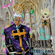 a picture of a man holding a bible with the words jesus loves you on it