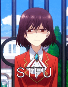 a girl in a red suit has the word stfu written on her face