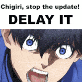 a poster that says chigiri stop the update delay it with a picture of a boy with blue eyes