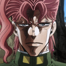 a close up of a man with pink hair