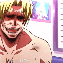 a drawing of a shirtless man with the word mica on the bottom