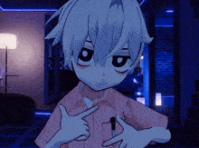 a cartoon character with white hair and a pink shirt is pointing at something